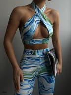 Tie Detail Blue Crop Flared Leggings Set