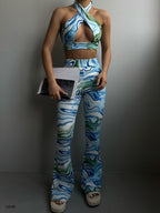 Tie Detail Blue Crop Flared Leggings Set