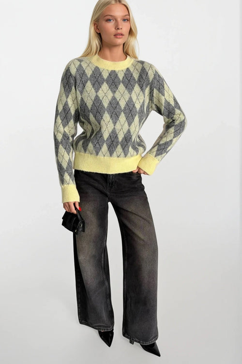 Baklava Pattern Crew Neck Yellow Knit Sweater