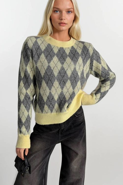 Baklava Pattern Crew Neck Yellow Knit Sweater
