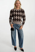 Diamond Pattern Crew Neck Brown Knit Sweater