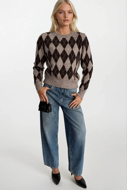 Baklava Pattern Crew Neck Brown Knit Sweater