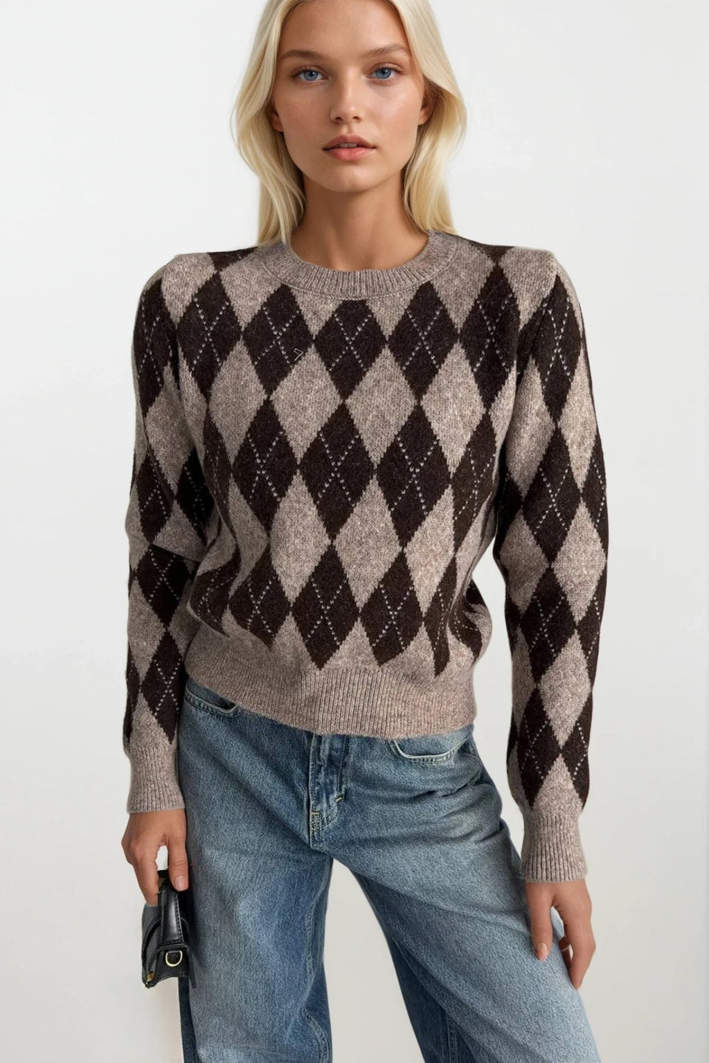 Diamond Pattern Crew Neck Brown Knit Sweater