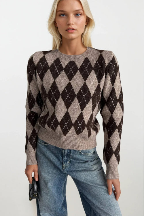Baklava Pattern Crew Neck Brown Knit Sweater