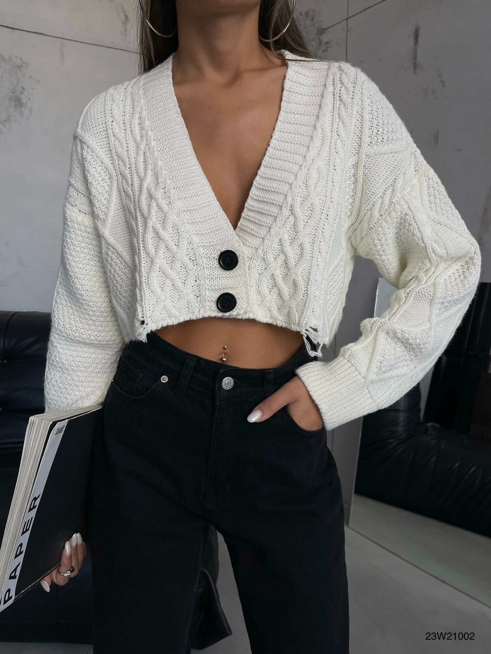 Diamond Pattern Ecru Crop Fringed Cardigan