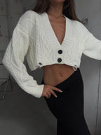 Diamond Pattern Ecru Crop Fringed Cardigan