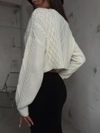 Diamond Pattern Ecru Crop Fringed Cardigan