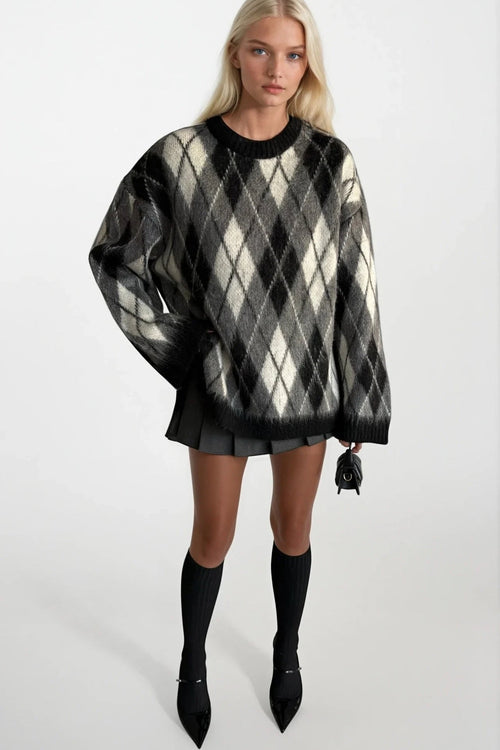 Baklava Pattern Textured Crew Neck Black Knit Sweater