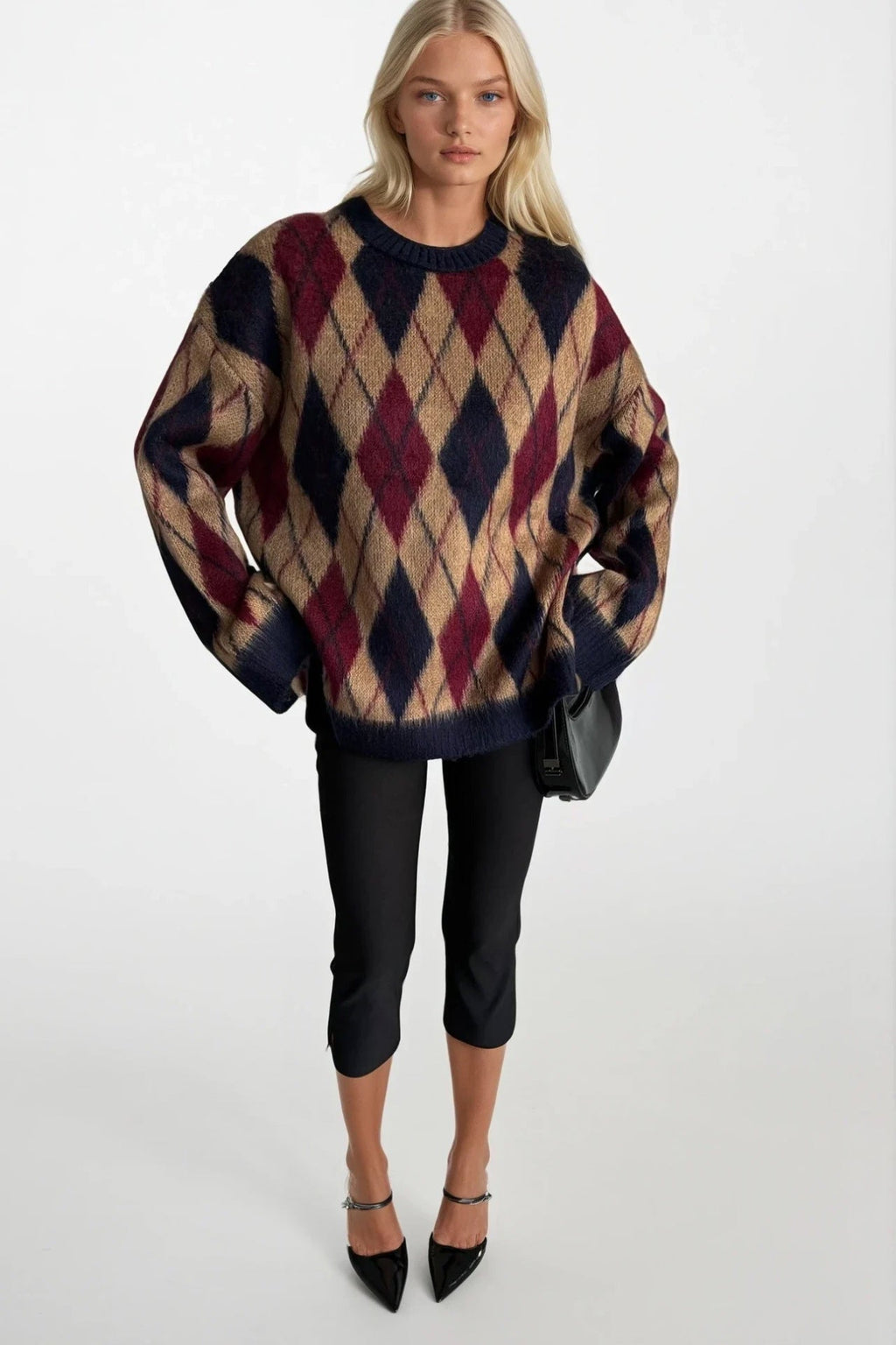 Diamond Pattern Textured Crew Neck Beige Knit Sweater