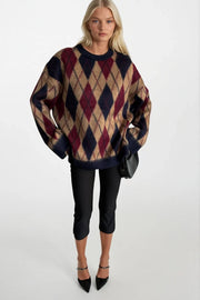 Baklava Pattern Textured Crew Neck Beige Knit Sweater