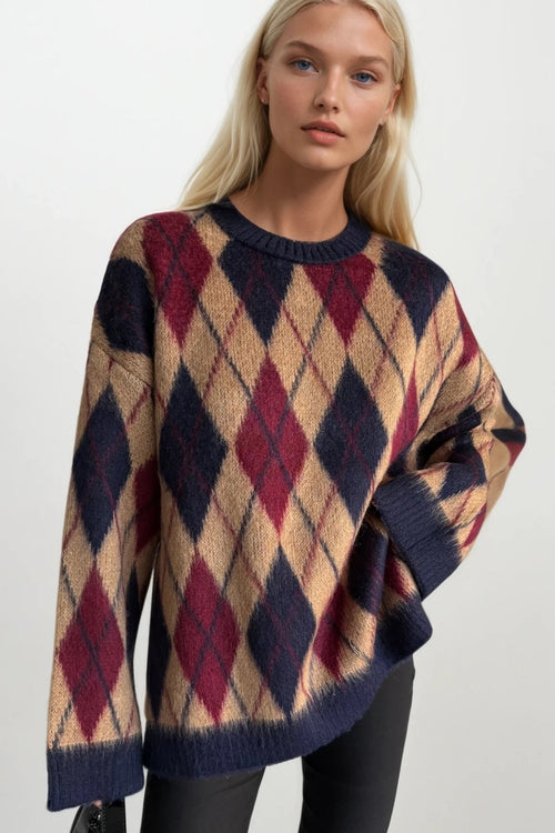 Baklava Pattern Textured Crew Neck Beige Knit Sweater