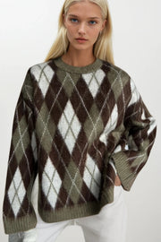 Khaki Knitted Jumper with Baklava Patterned Texture and Crew Neck