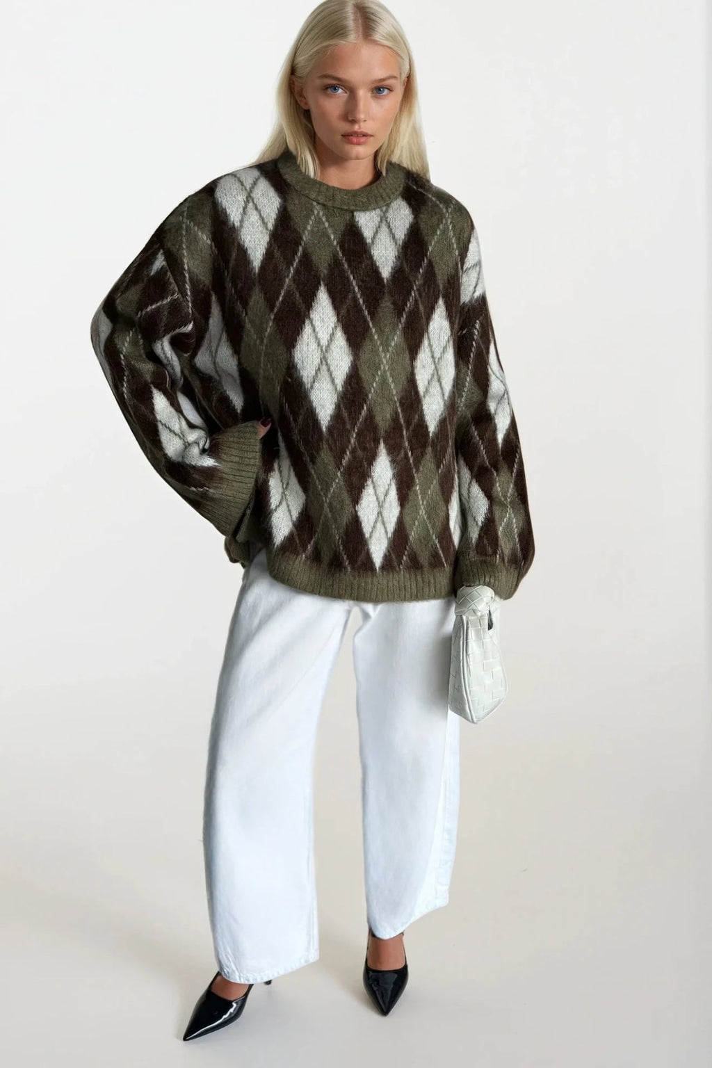 Diamond Pattern Textured Crew Neck Khaki Knit Sweater
