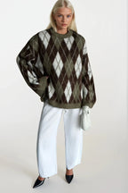 Diamond Pattern Textured Crew Neck Khaki Knit Sweater