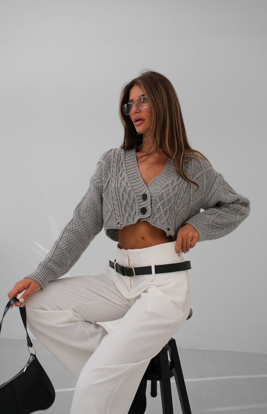 Diamond Pattern Gray Crop Sacakli Cardigan