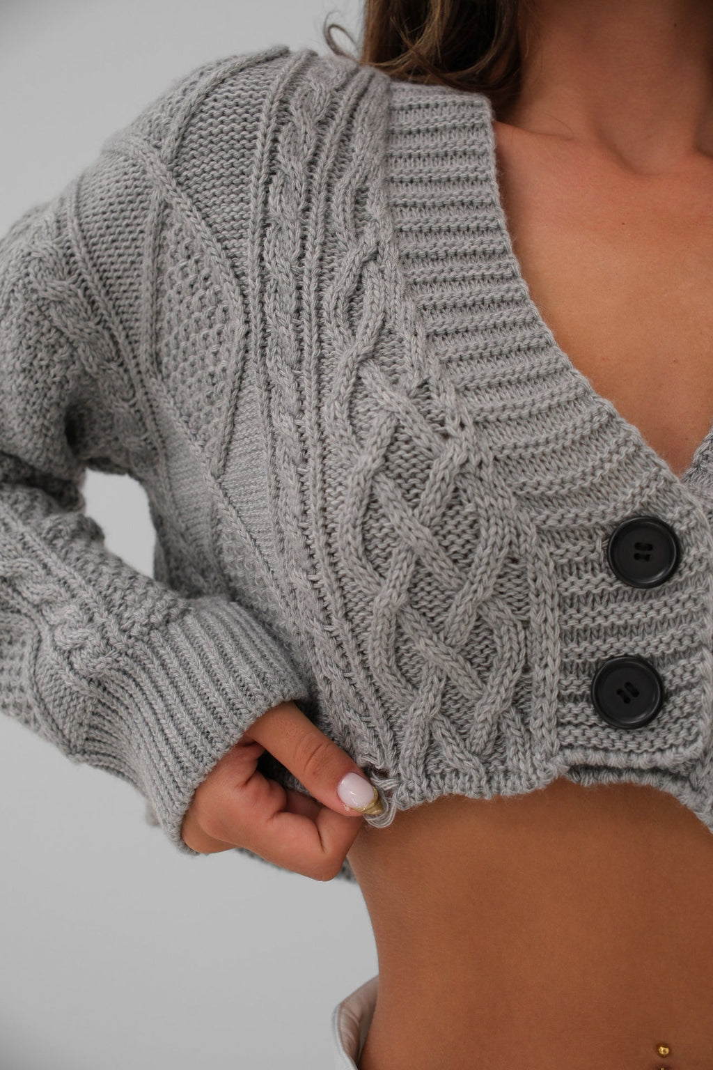 Diamond Pattern Gray Crop Sacakli Cardigan