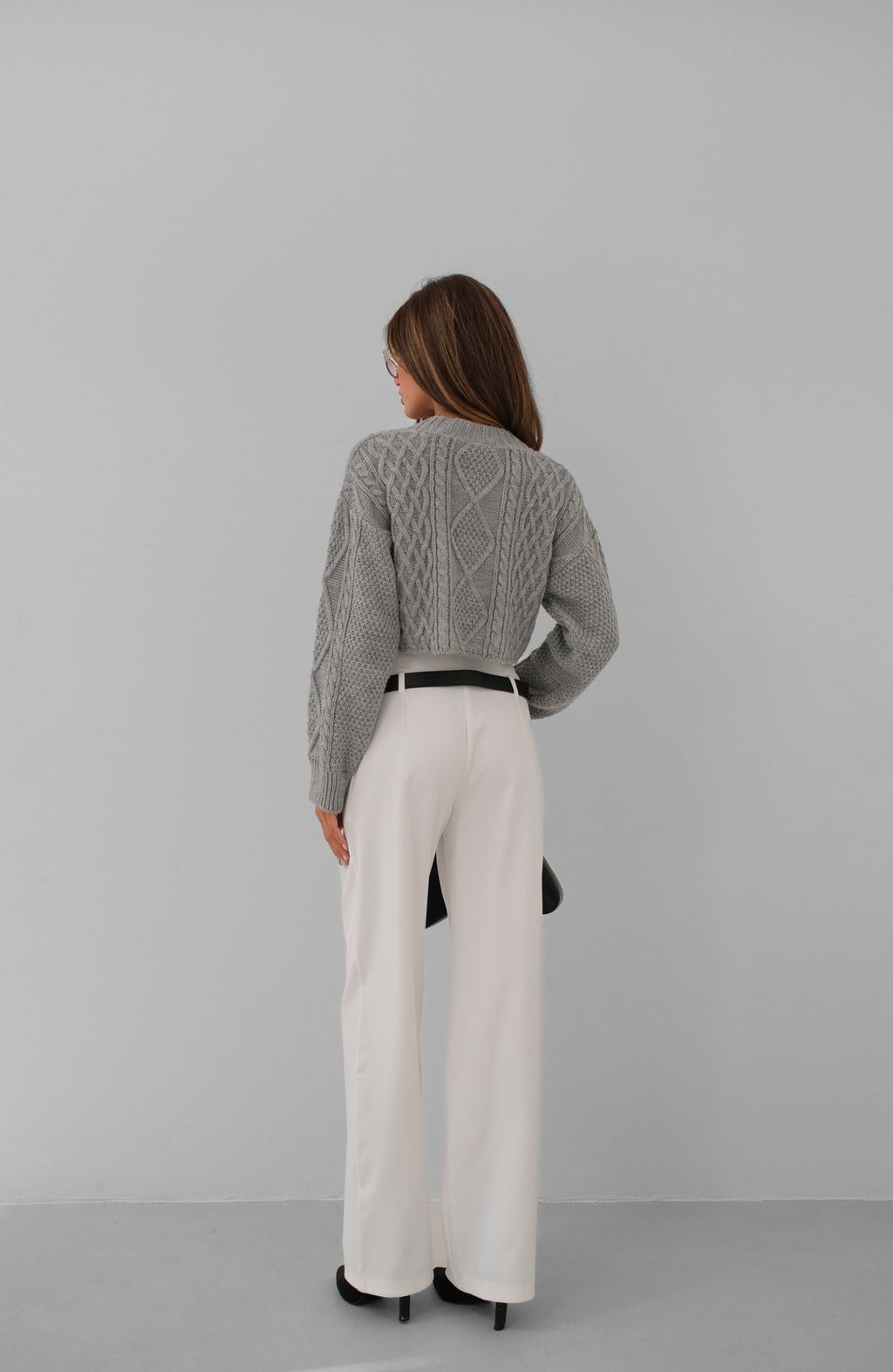 Diamond Pattern Gray Crop Sacakli Cardigan