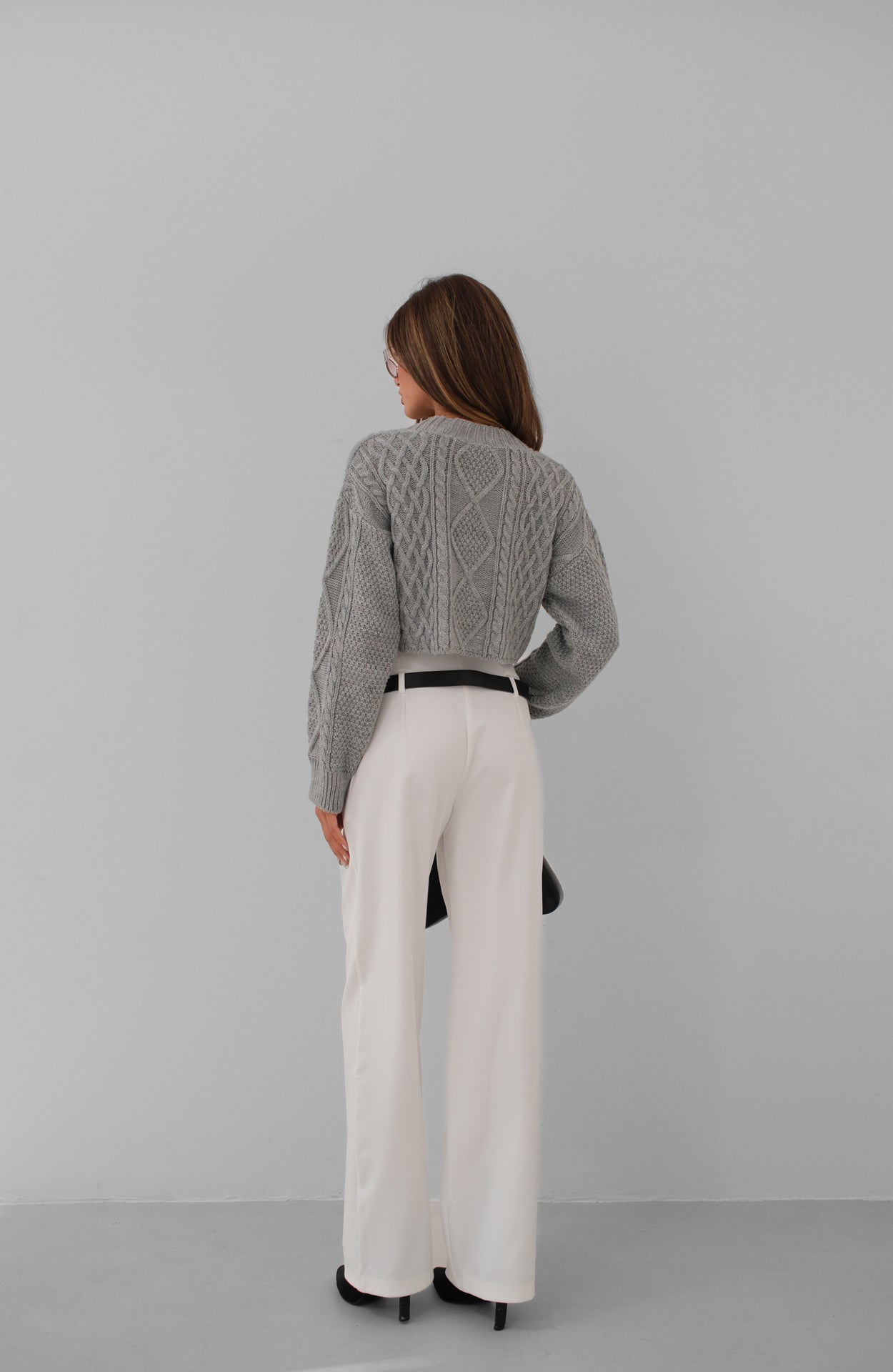 Diamond Pattern Gray Crop Sacakli Cardigan