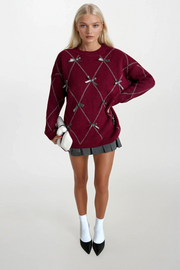 Burgundy Sweater with Bow Detail, Baklava Pattern, and Stone Embellishments