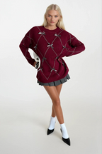 Diamond Pattern Rhinestone Embellished Bow Burgundy Sweater