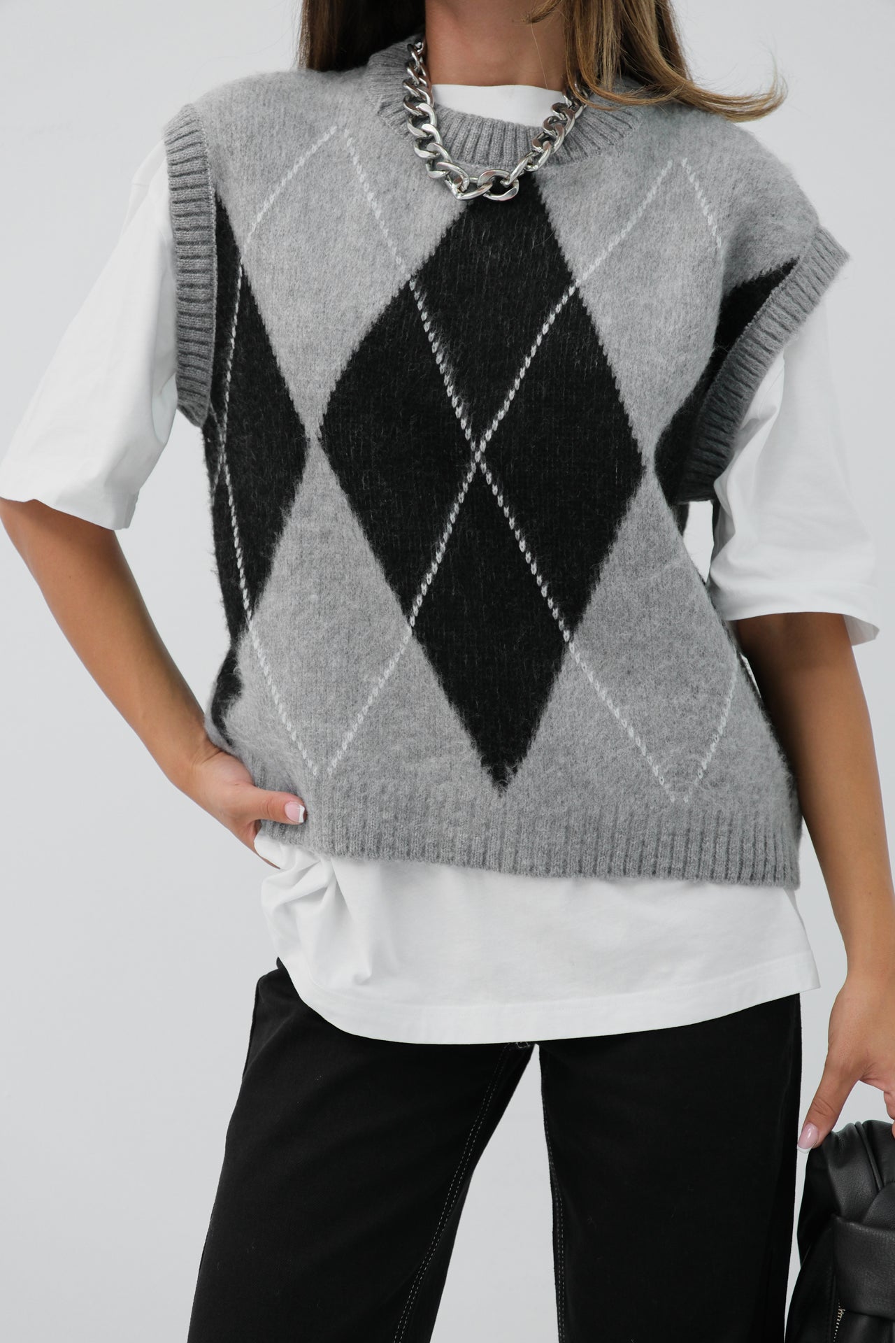Baklava Patterned Gray Crop Sweater