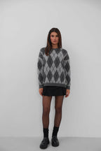 Baklava Patterned Brushed Gray Sweater