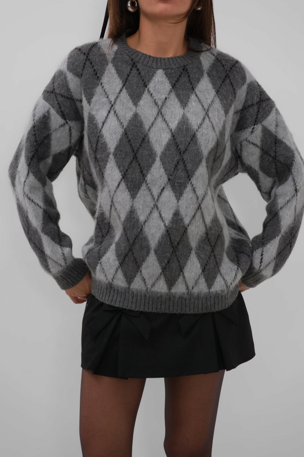 Baklava Patterned Brushed Gray Sweater