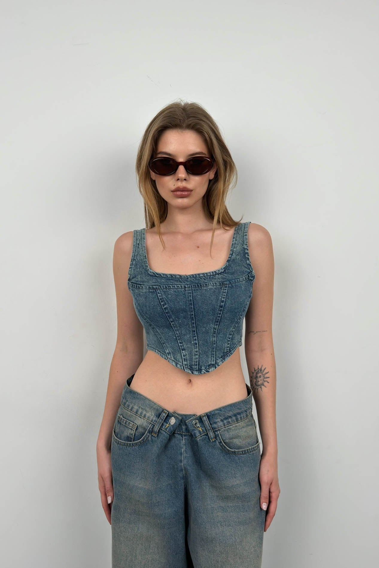 Boned Light Blue Denim Blouse