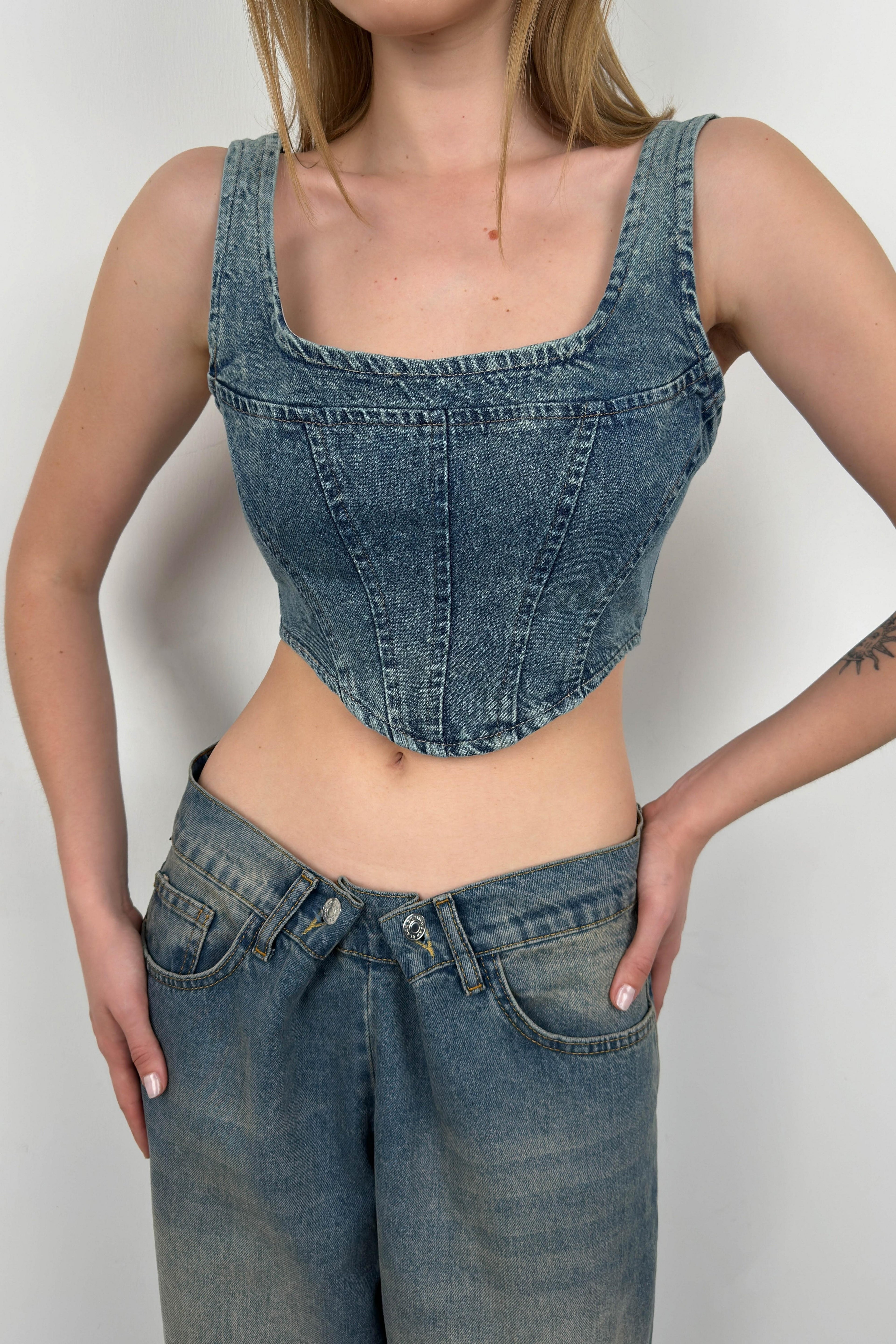 Boned Light Blue Denim Blouse