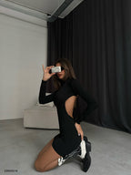 Turtleneck Waist Cut-Out Black Dress