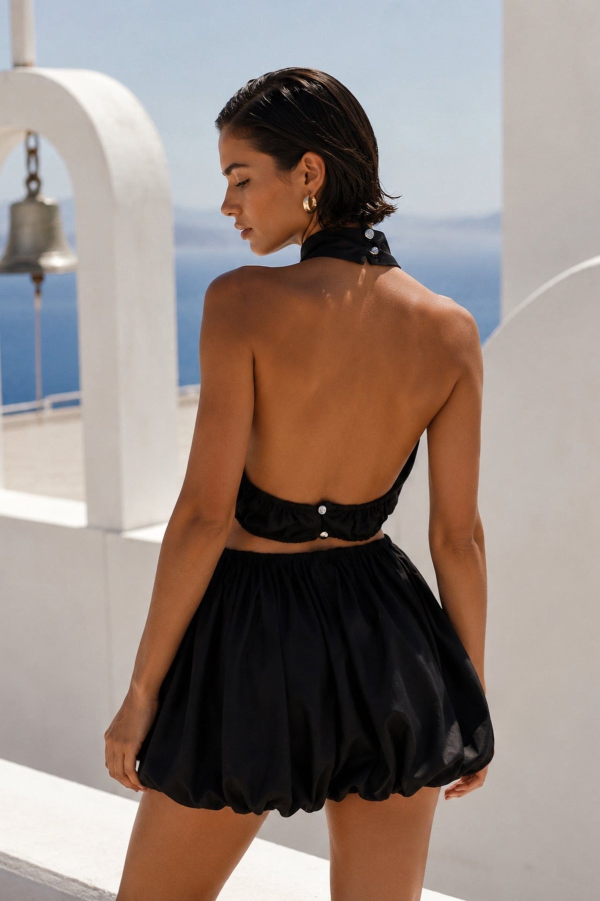 Fisherman Collar Ruched Blouse Balloon Skirt Black Modal Two-Piece Set