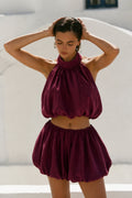 Fisherman Collar Ruched Blouse Balloon Skirt Burgundy Modal Two-Piece Set