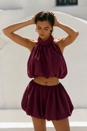 Fisherman Collar Ruched Blouse Balloon Skirt Burgundy Modal Two-Piece Set