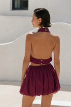 Fisherman Collar Ruched Blouse Balloon Skirt Burgundy Modal Two-Piece Set