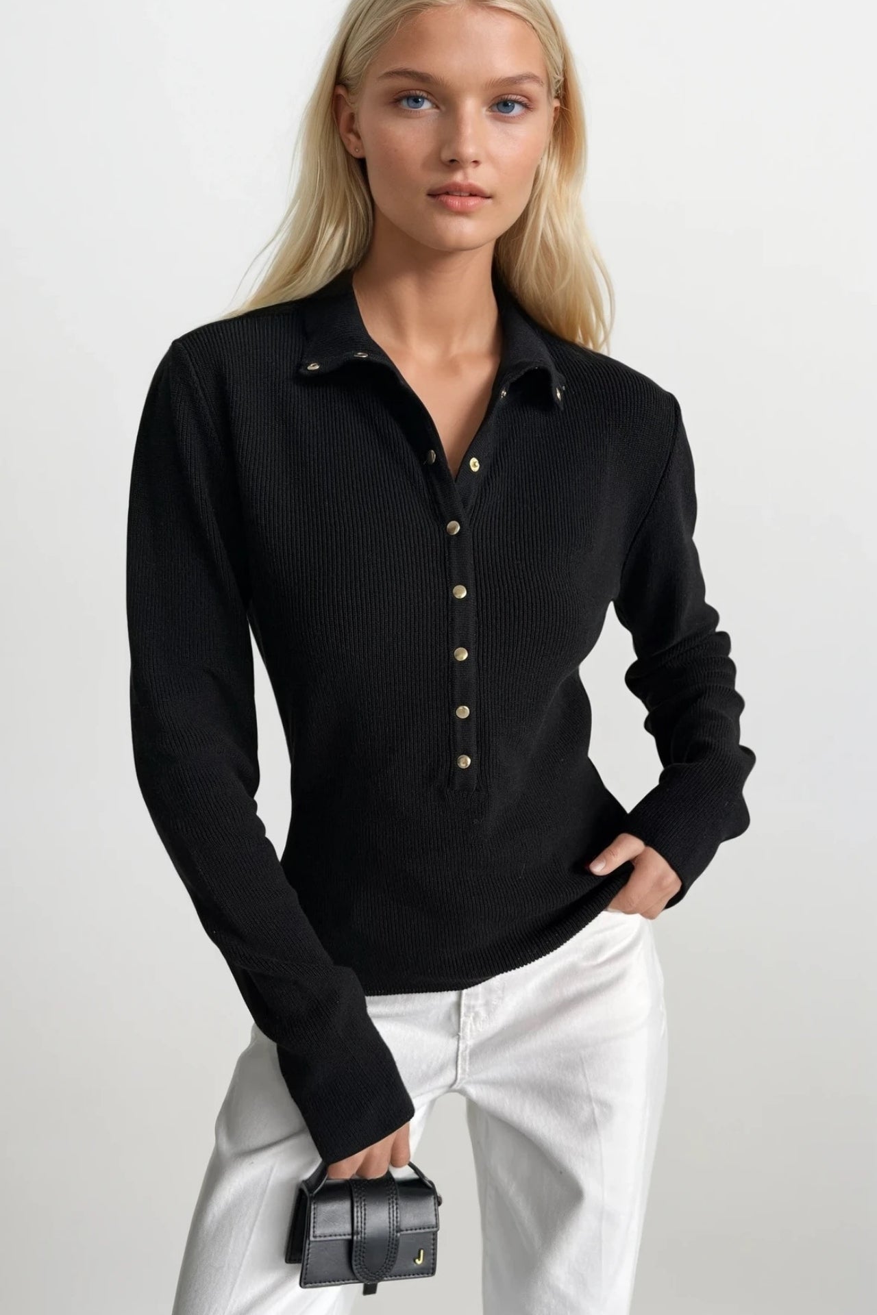Polo Collar Snap-Button Black Knit Blouse