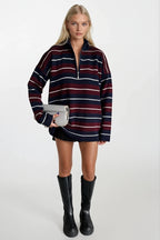 Turtleneck Zipper Detail Gray Striped Sweater
