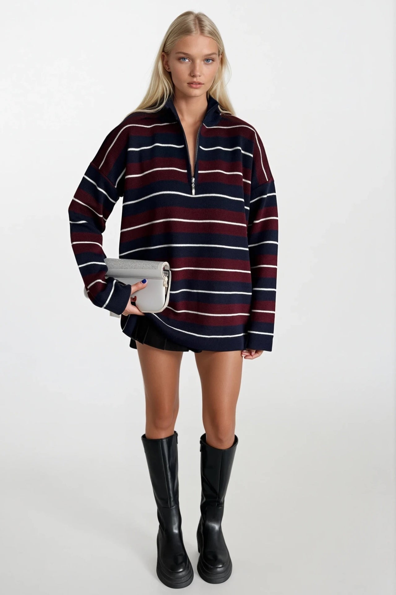 Turtleneck Zipper Detail Gray Striped Sweater