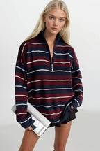Turtleneck Zipper Detail Gray Striped Sweater