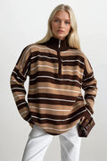 Turtleneck Zipper Detail Brown Striped Sweater