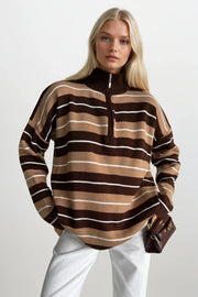 Fisherman Collar Zipper Detail Brown Striped Sweater