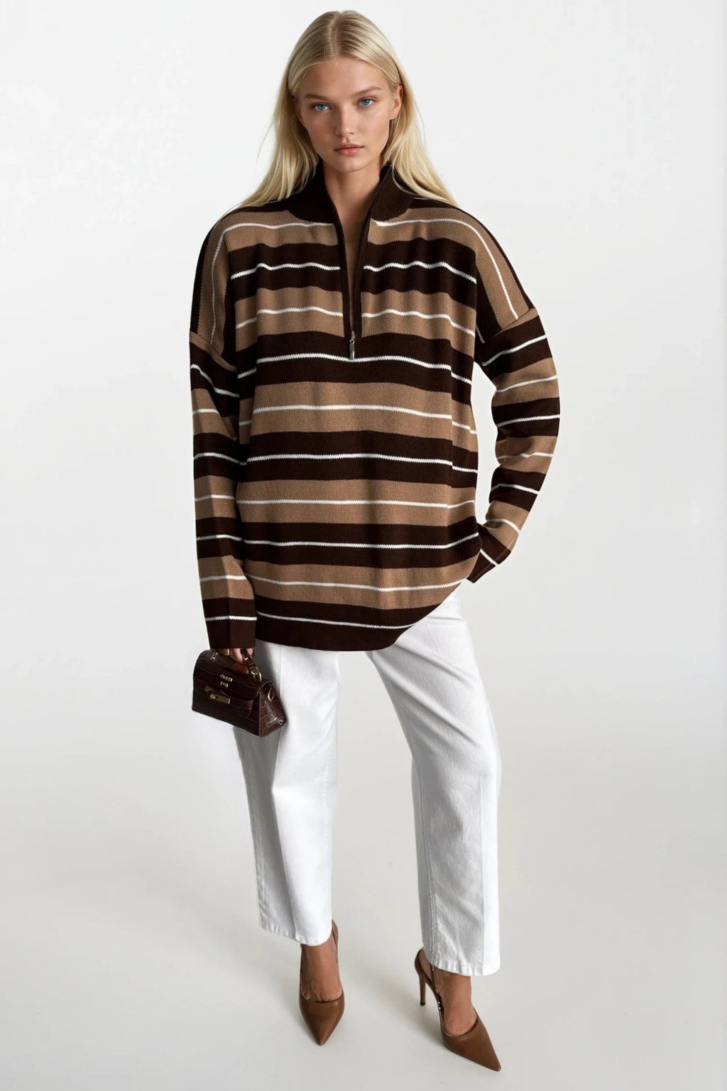 Turtleneck Zipper Detail Brown Striped Sweater