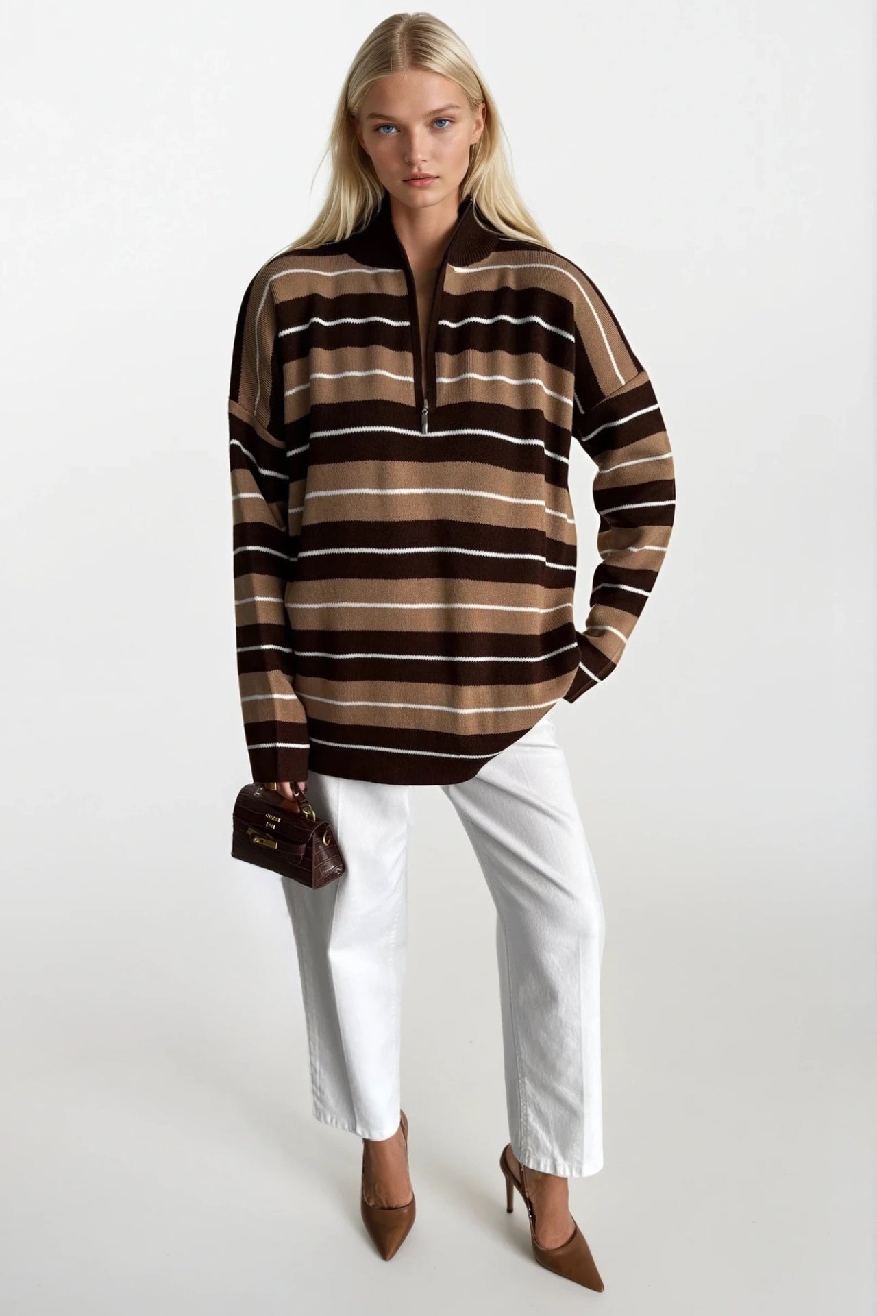Turtleneck Zipper Detail Brown Striped Sweater
