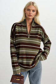 Fisherman Neck Zip Detail Green Striped Sweater