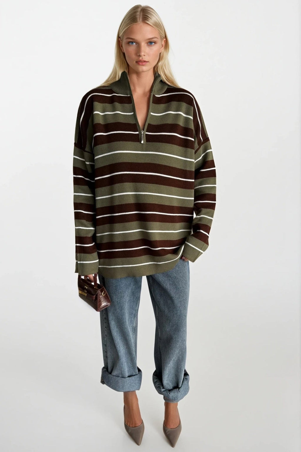 Turtleneck Zipper Detail Green Striped Sweater