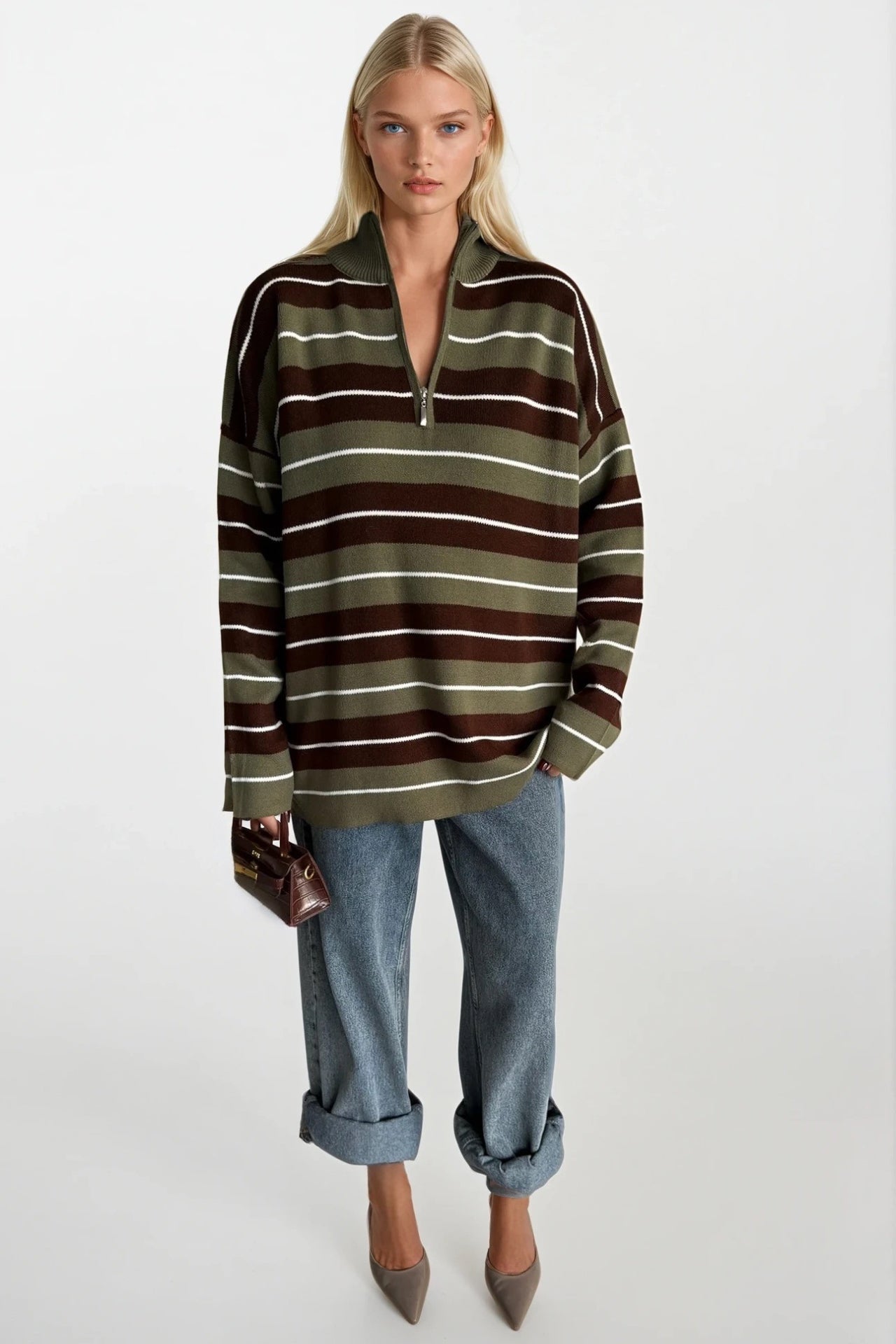 Turtleneck Zipper Detail Green Striped Sweater
