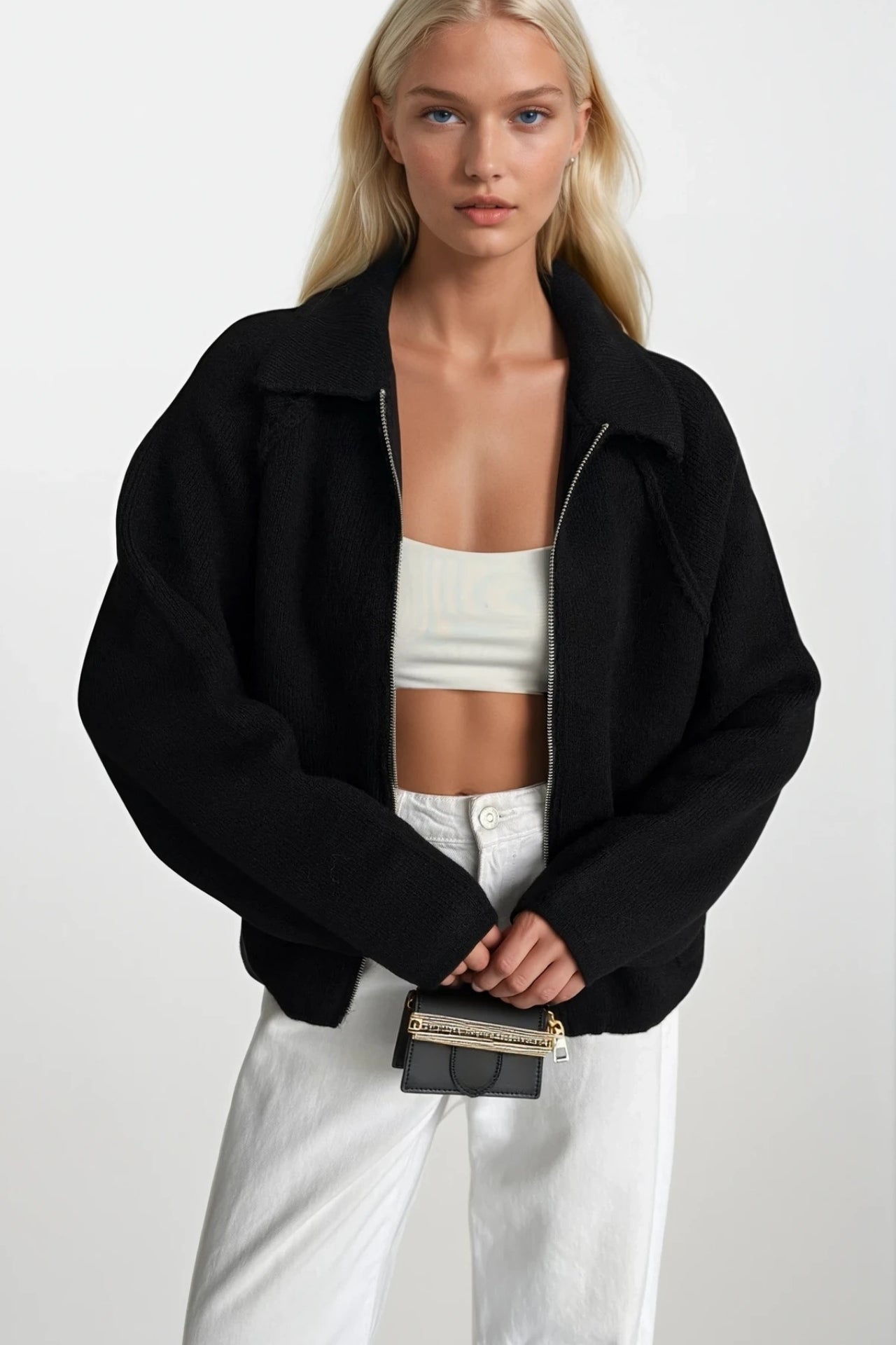 Turtleneck Zipper Detail Black Sweater