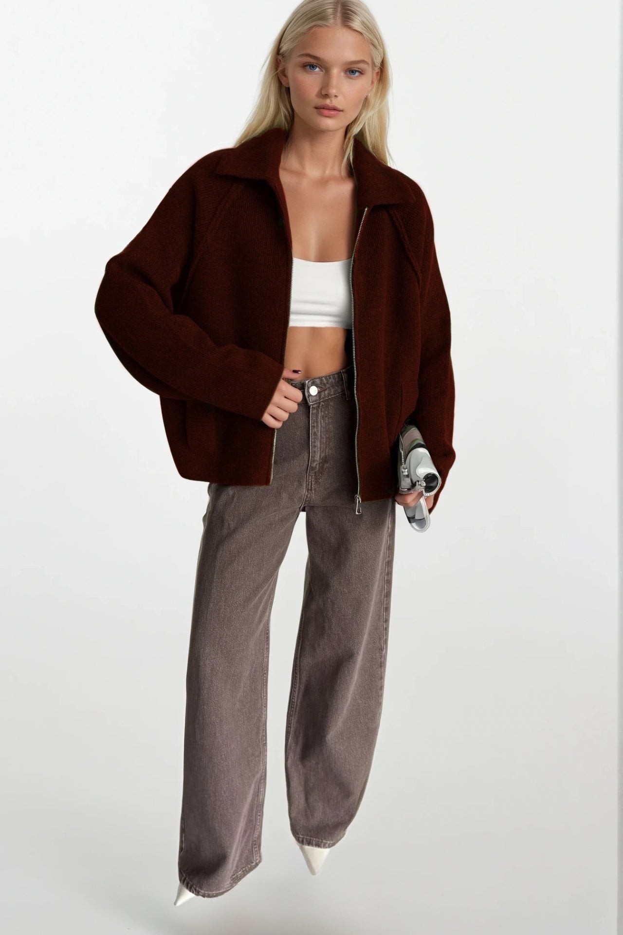 Turtleneck Zipper Detail Burgundy Sweater
