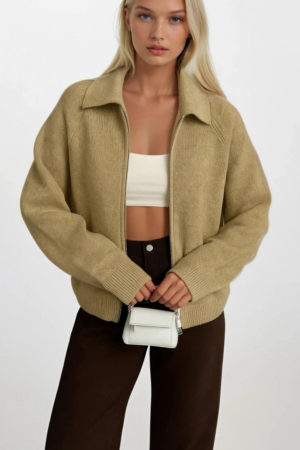 Turtleneck Zipper Detail Mink Sweater