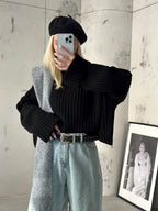 Turtleneck Fitilli Black Crop Sweater
