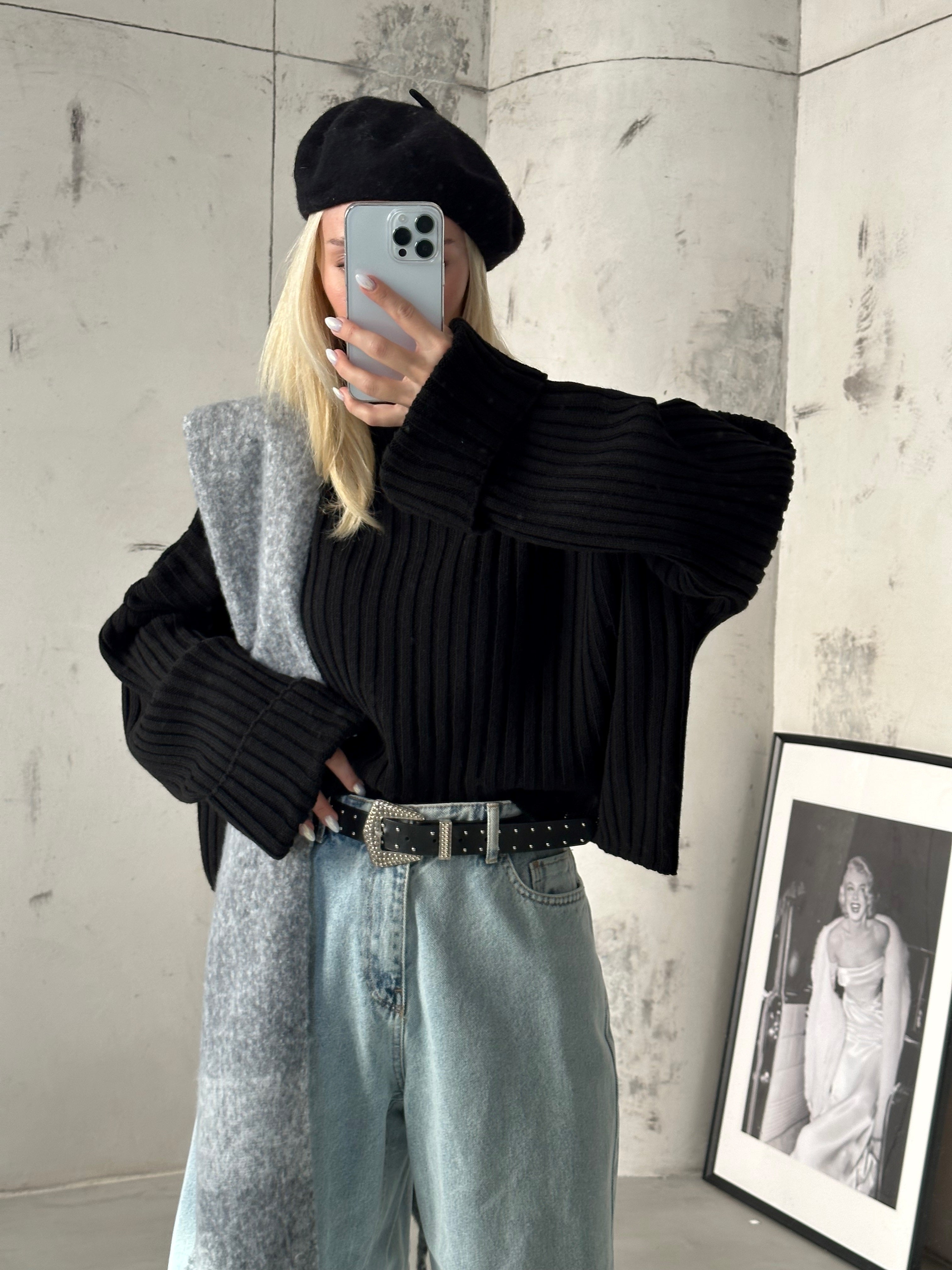 Turtleneck Fitilli Black Crop Sweater
